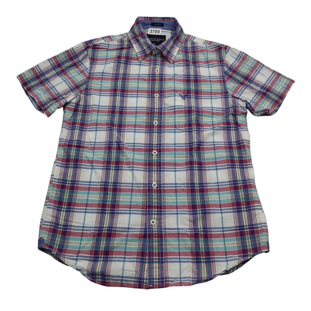 American Eagle Shirt Mens Small White Blue Green Plaid Dress Work Office Button